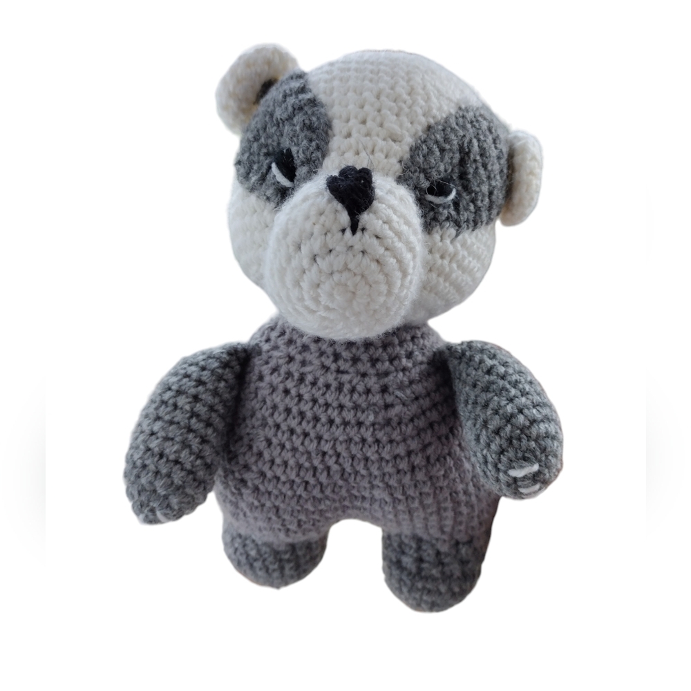 Handmade crochet stuffed badger med/small in stature, grey and white
